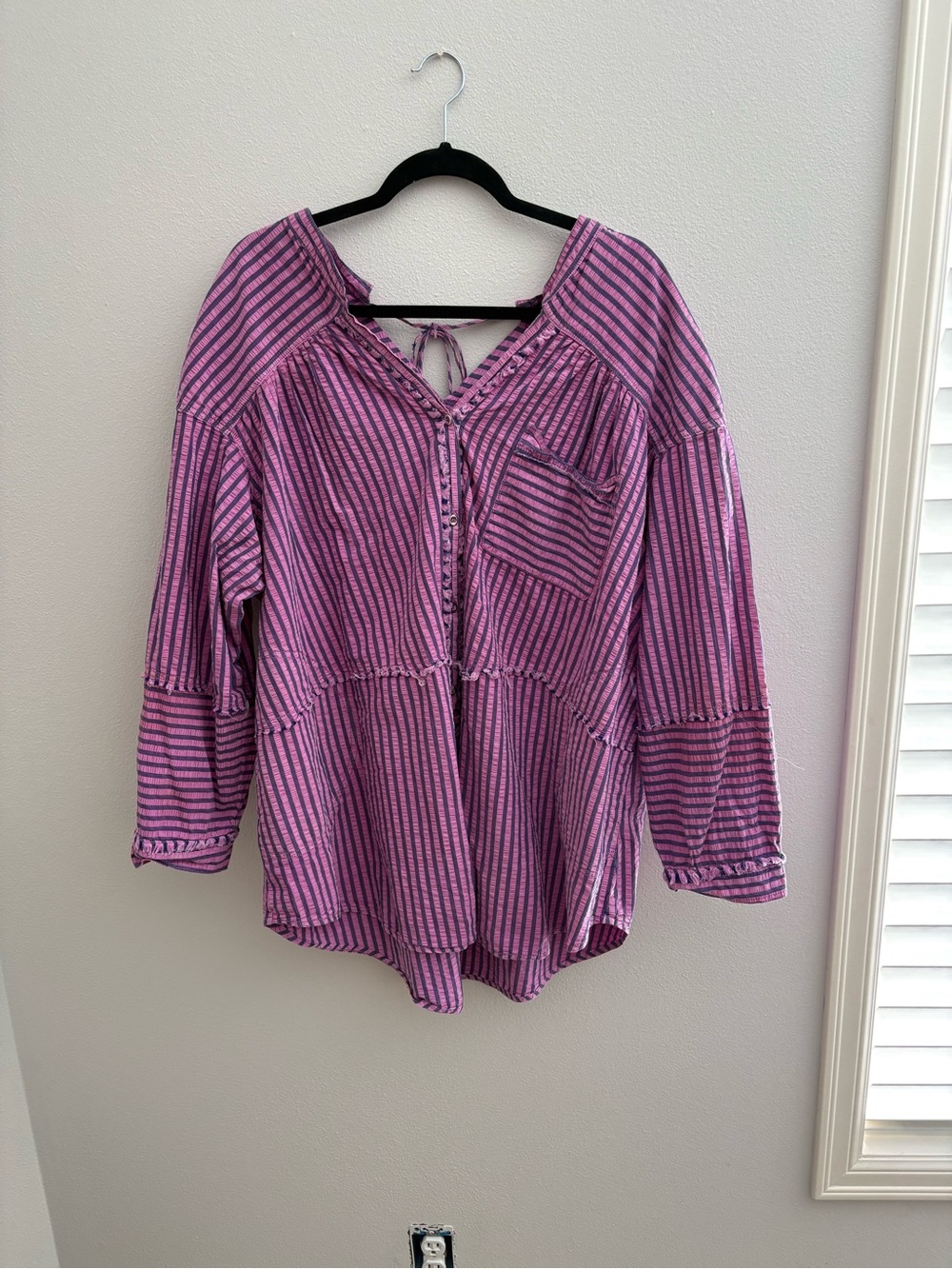Striped light purple -is pink Peasant Blouse - Women's Casual Top